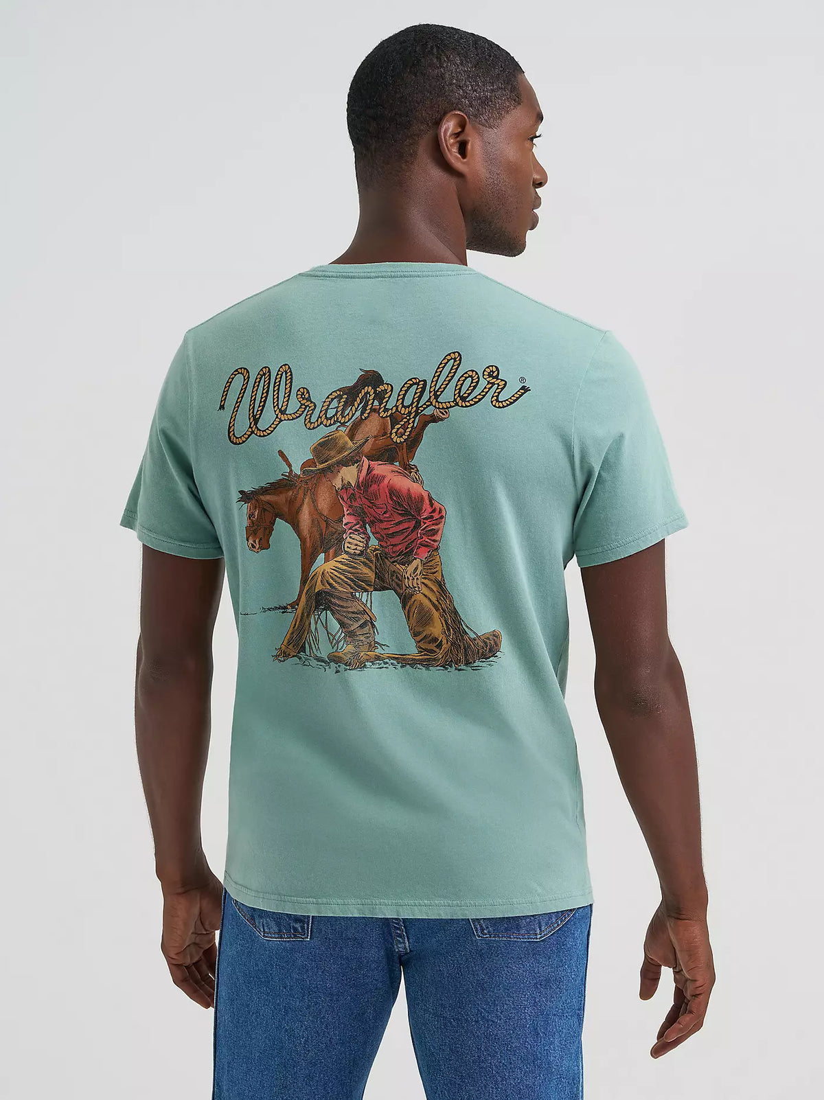 Wrangler Men's Kneeling Cowboy Graphic T-Shirt in Oil Blue
