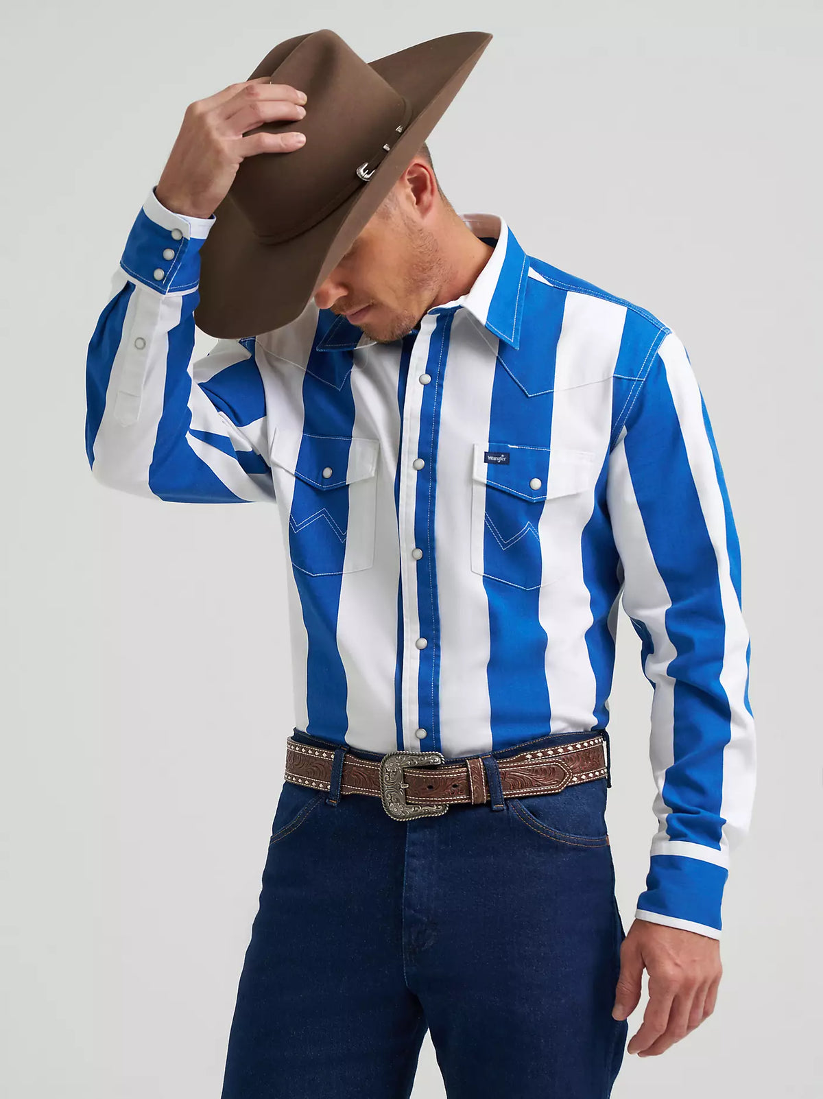 Wrangler Men's L/S Vintage Inspired Brushpopper Western Snap Work Shirt in Big Blue
