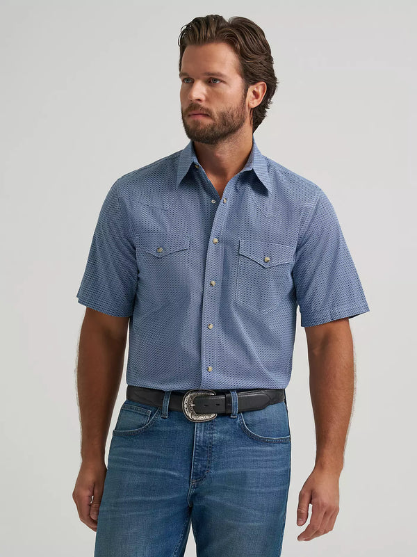 Wrangler Men's 20X Competition S/S Advanced Comfort Western Snap Shirt in Navy Geo