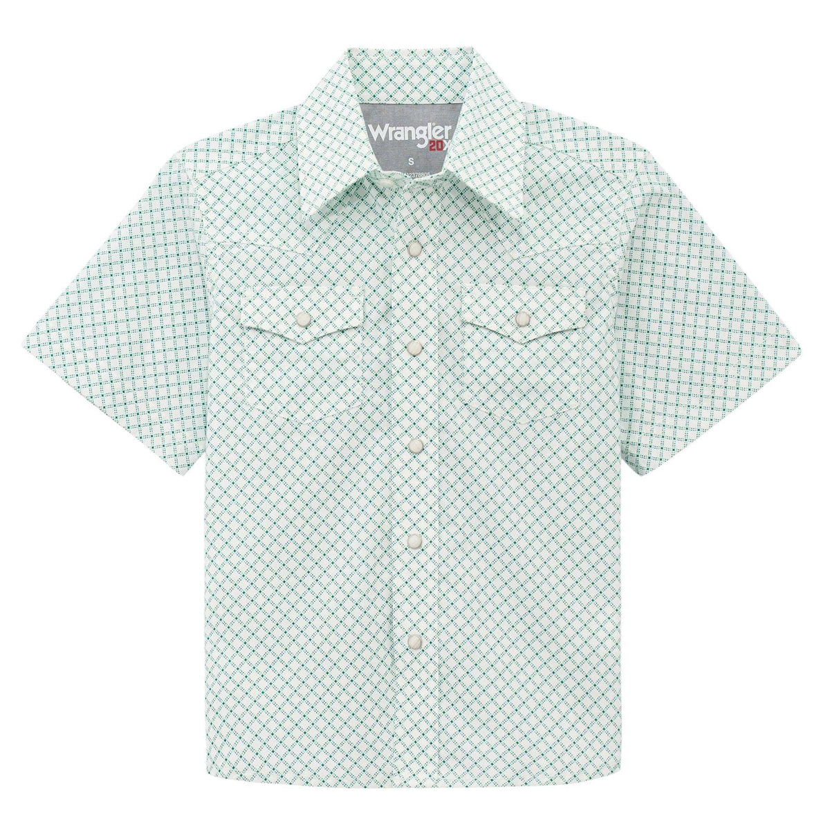 Wrangler Boy's 20X Advanced Comfort S/S Western Snap Shirt in Green Crossings
