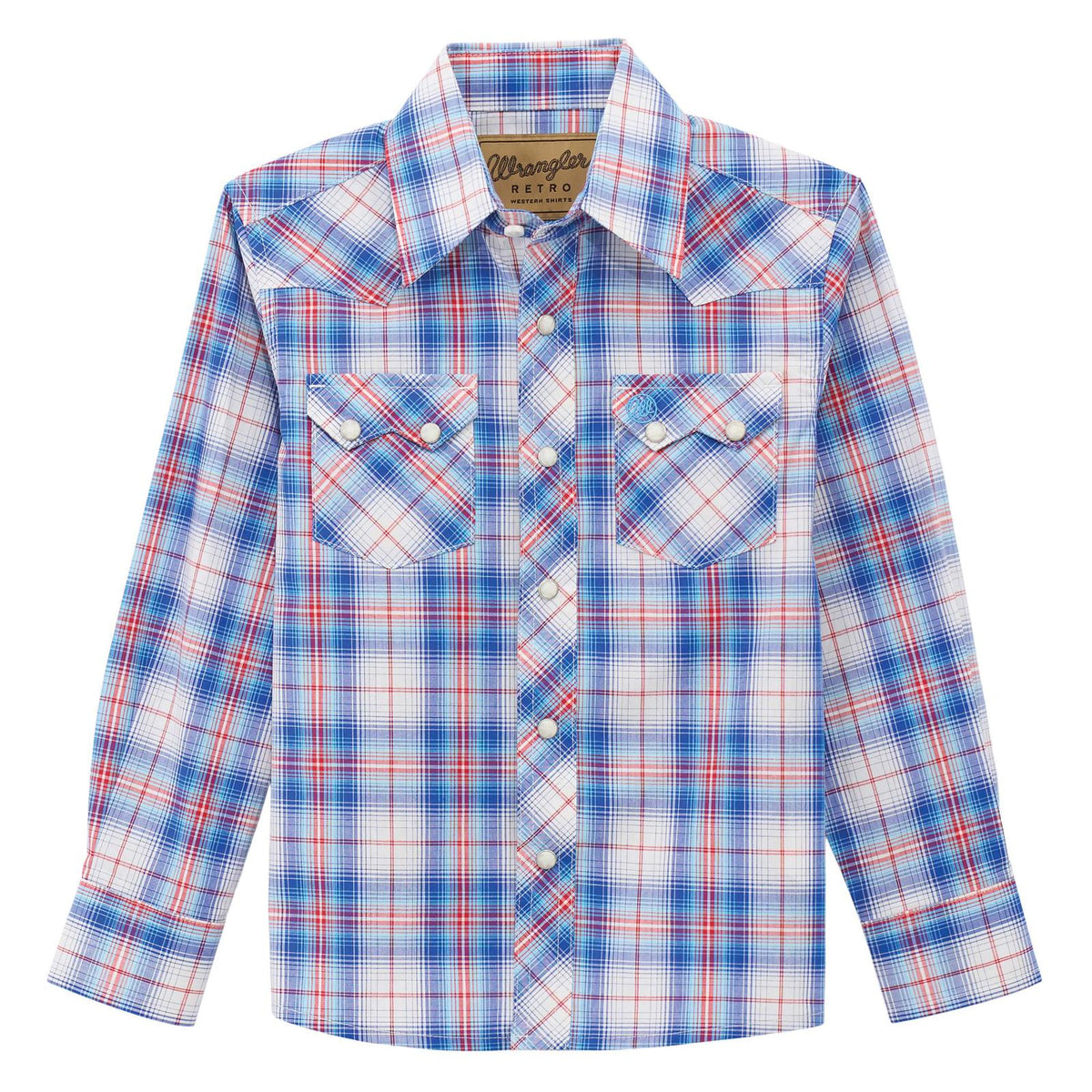 Wrangler Retro® Boy's L/S Western Snap Plaid Shirt in Blue/Red