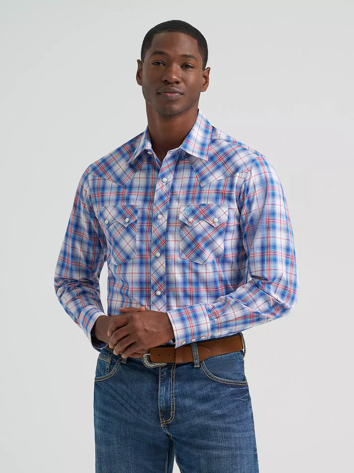 Wrangler Retro® Men's L/S Sawtooth Snap Pocket Western Shirt in Daisy Blue