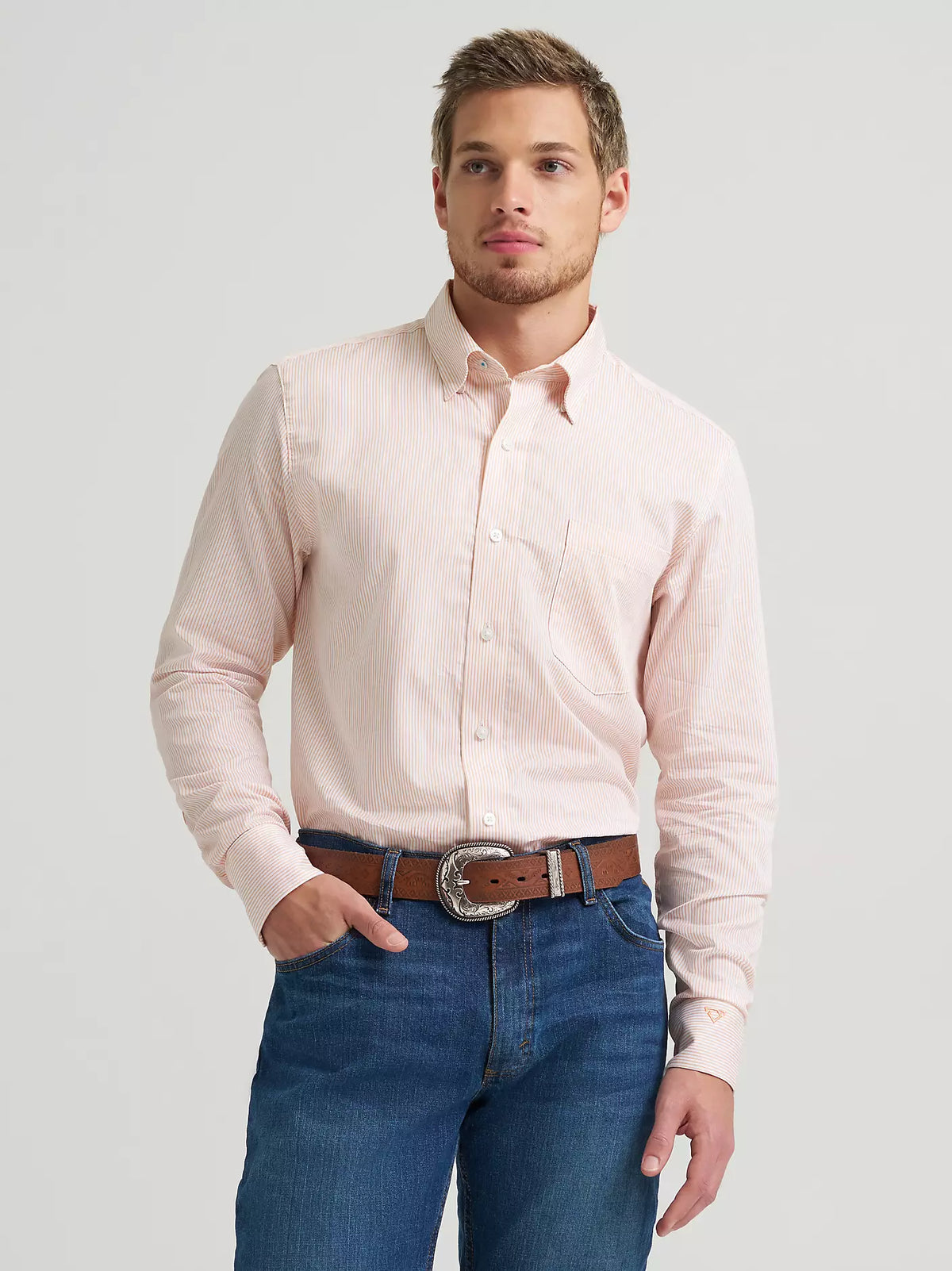 Wrangler Men's L/S Cody Johnson One Pocket Button Down Shirt in Peach Stripe