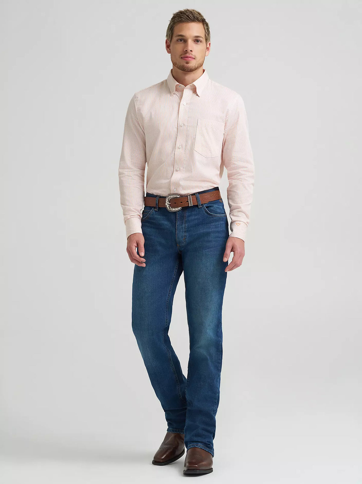 Wrangler Men's L/S Cody Johnson One Pocket Button Down Shirt in Peach Stripe