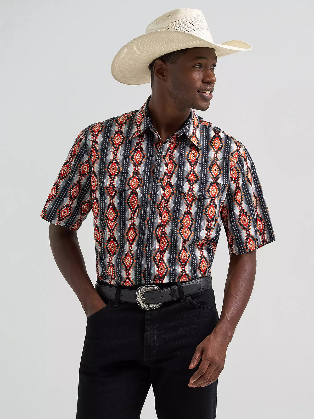 Wrangler Men's S/S Checotah® Western Snap Shirt in Fire Crawl