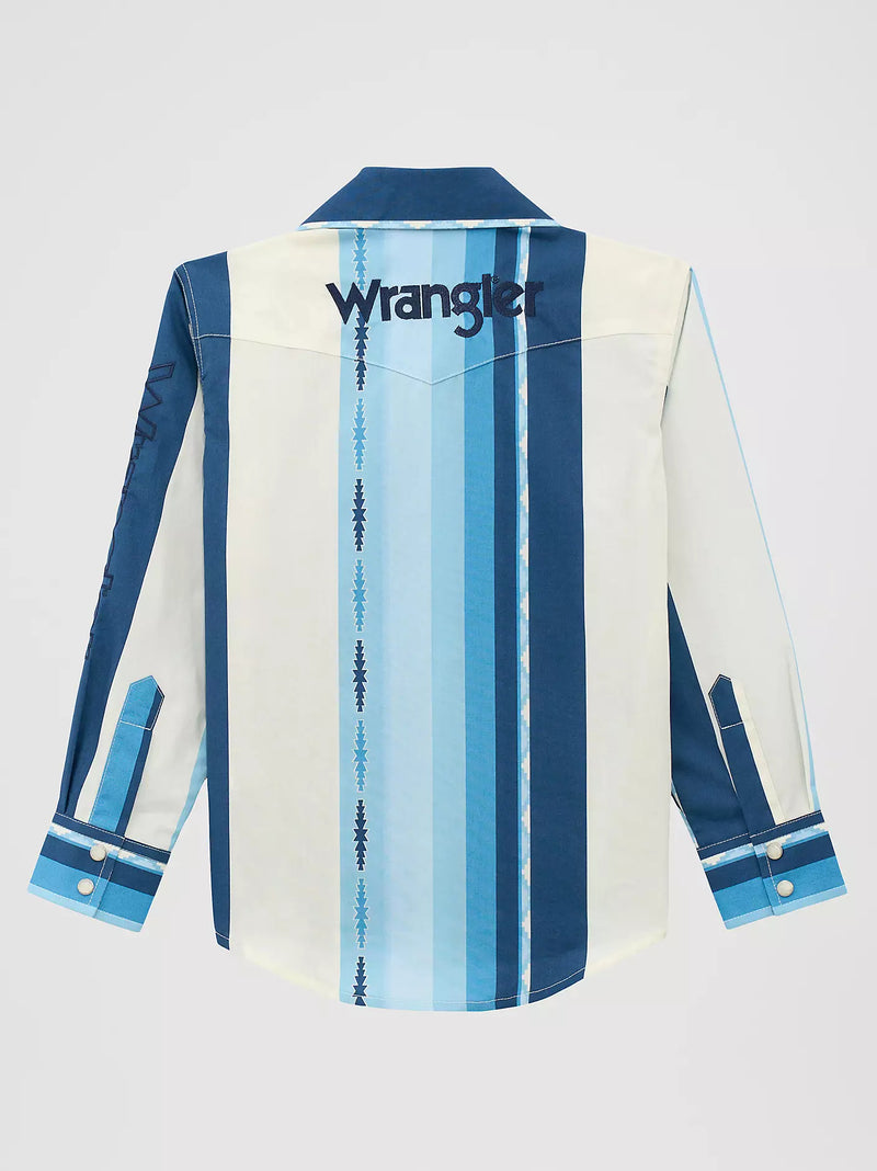 Wrangler Boy's L/S Logo Stripes Western Snap Shirt in Blue Clouds