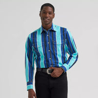 Wrangler Men's L/S Vintage Inspired Brushpopper Western Snap Work Shirt in Cobalt Storm
