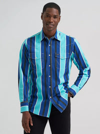 Wrangler Men's L/S Vintage Inspired Brushpopper Western Snap Work Shirt in Cobalt Storm