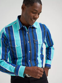 Wrangler Men's L/S Vintage Inspired Brushpopper Western Snap Work Shirt in Cobalt Storm