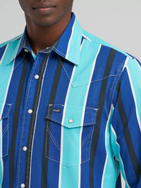 Wrangler Men's L/S Vintage Inspired Brushpopper Western Snap Work Shirt in Cobalt Storm