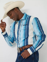 Wrangler Men's L/S Logo Striped Snap Shirt in Blue Clouds