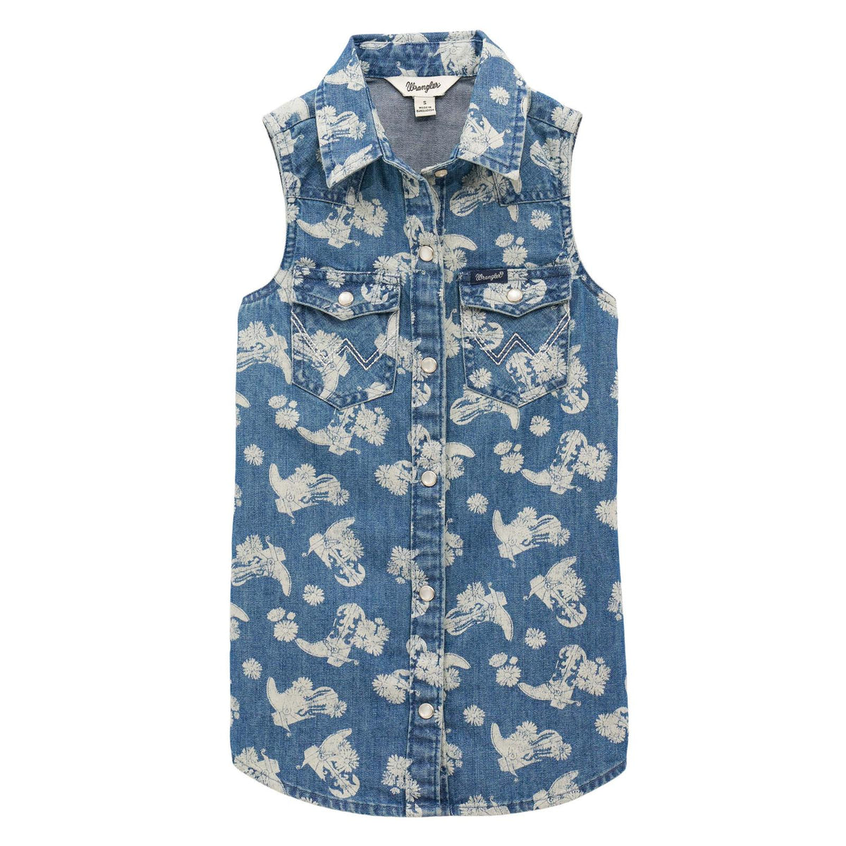 Wrangler Girl's Sleeveless Pearl Snap in Floral Blue