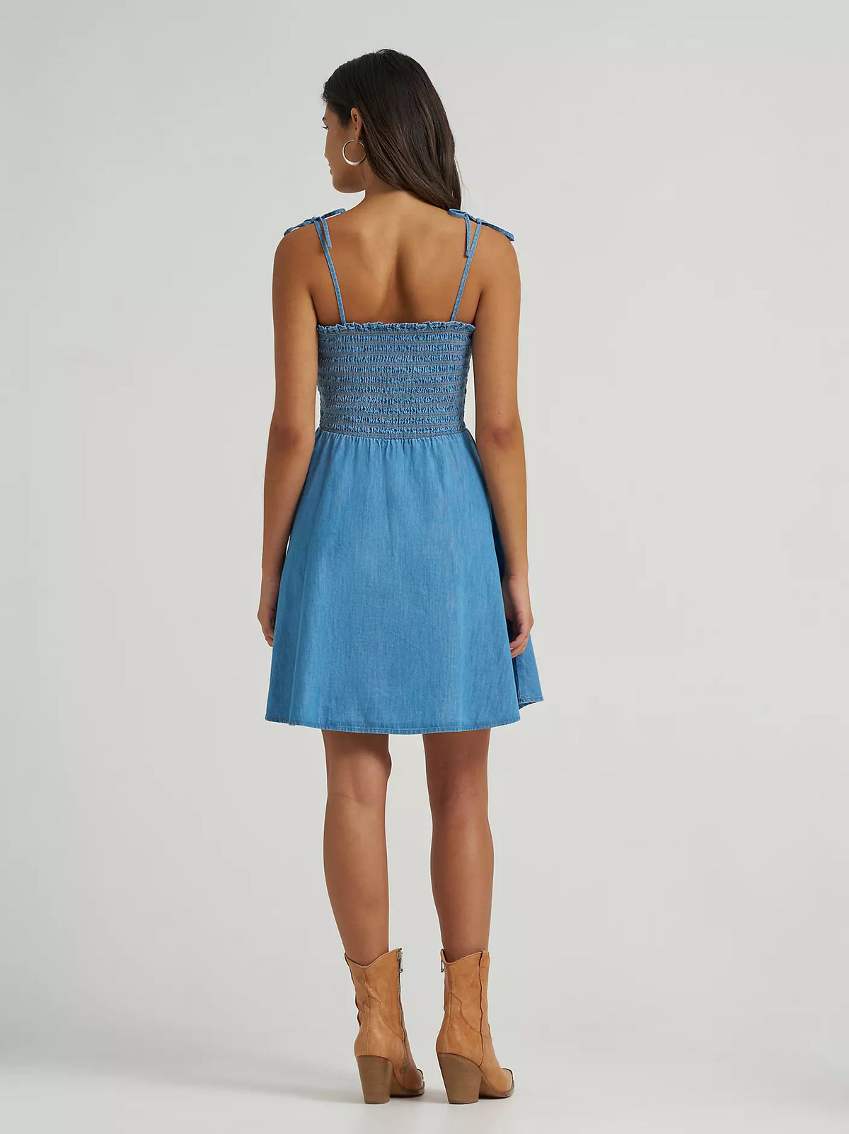Wrangler Women's Tie Denim Smocked Dress in Mid Denim