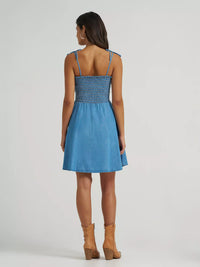 Wrangler Women's Tie Denim Smocked Dress in Mid Denim
