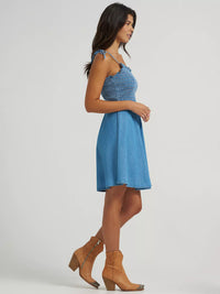 Wrangler Women's Tie Denim Smocked Dress in Mid Denim