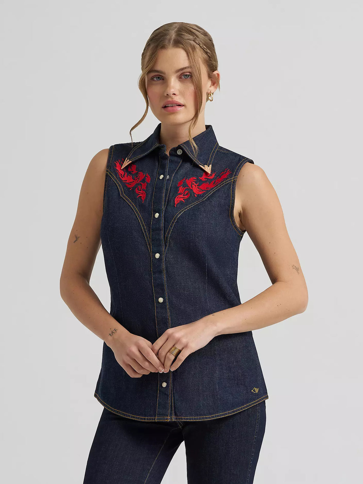 Wrangler x Lainey Wilson Women's Embroidered Denim Sleeveless Snap Shirt in Dark Rinse