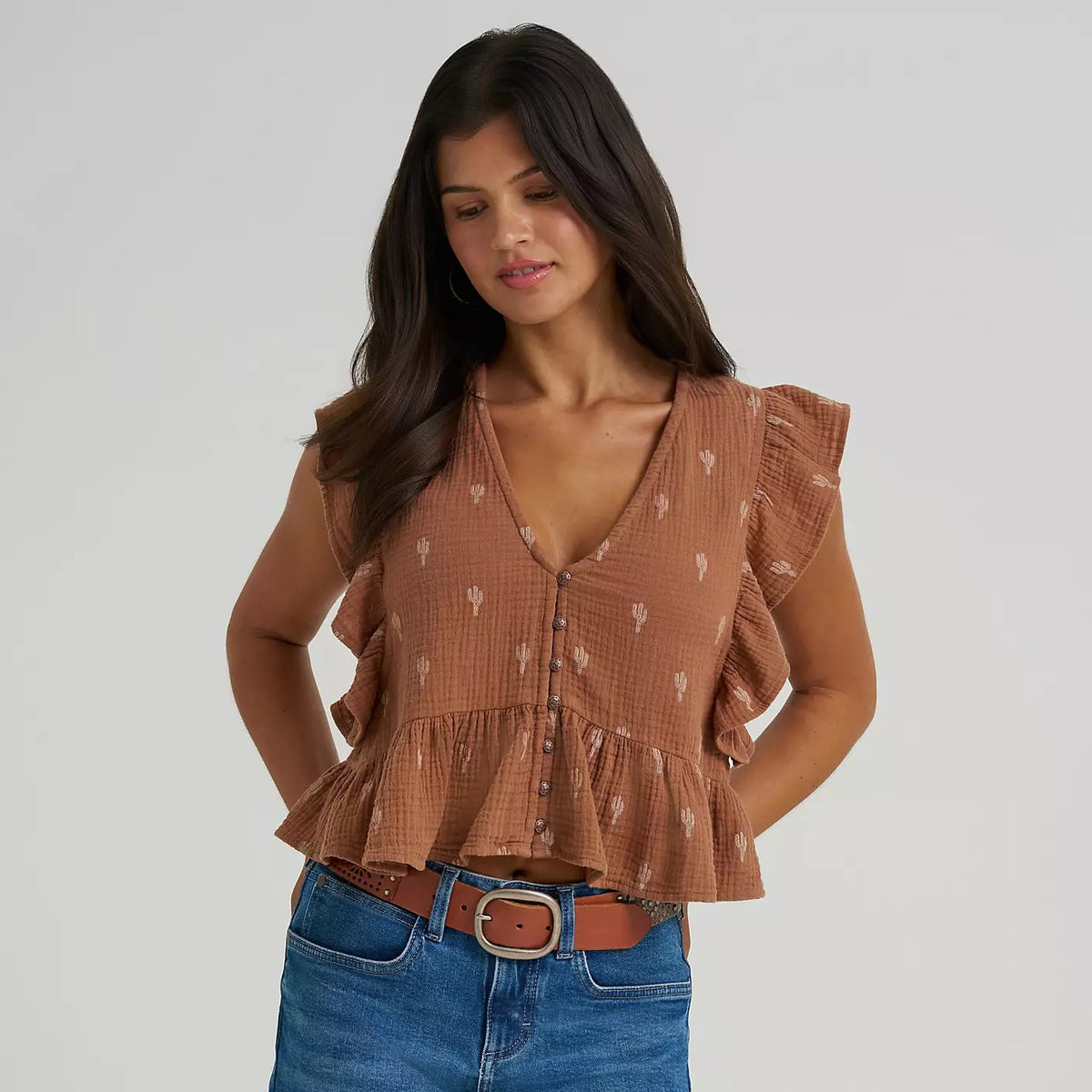 Wrangler Women's Gauzy Flutter Sleeve Blouse in Brown