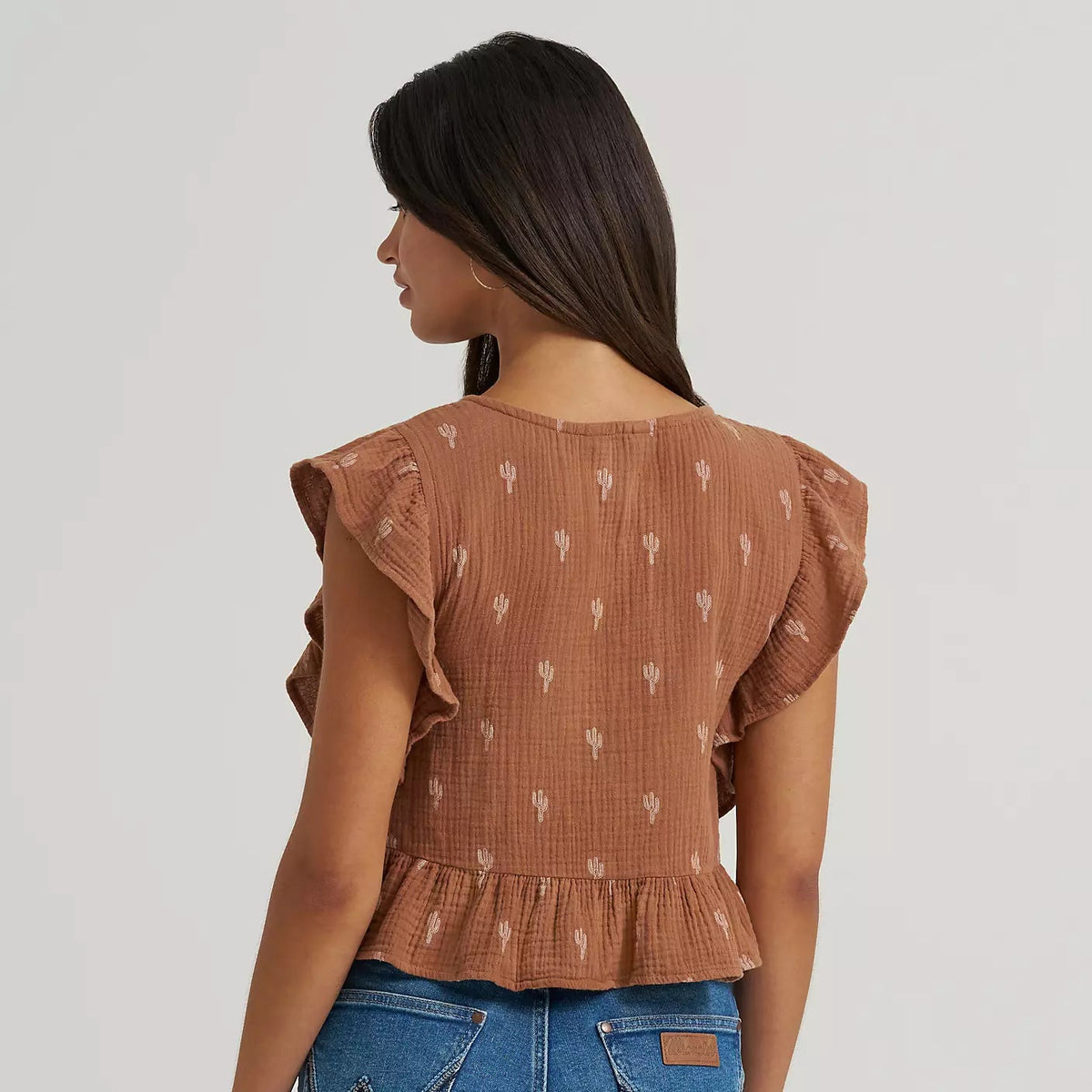 Wrangler Women's Gauzy Flutter Sleeve Blouse in Brown