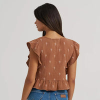 Wrangler Women's Gauzy Flutter Sleeve Blouse in Brown