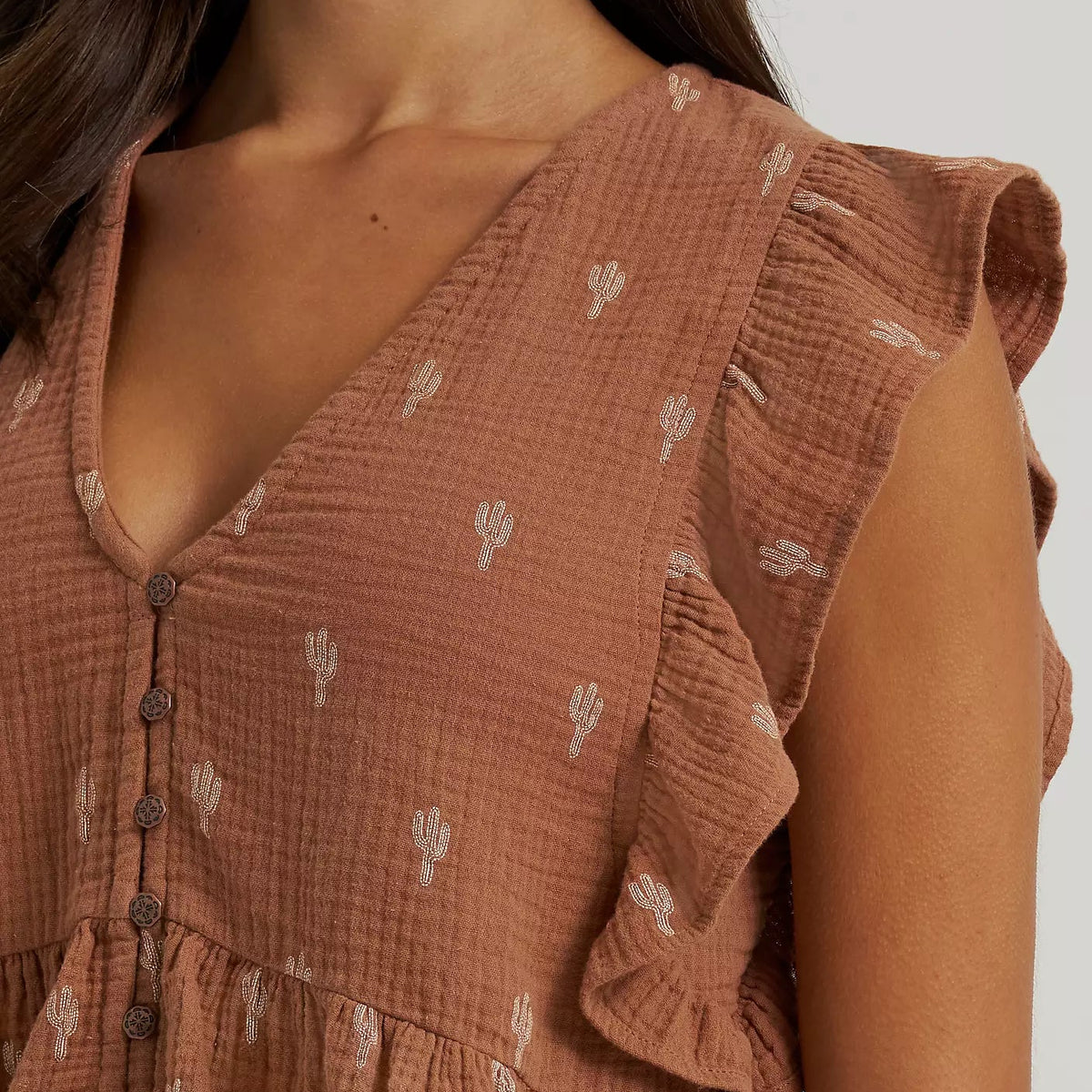Wrangler Women's Gauzy Flutter Sleeve Blouse in Brown