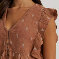 Wrangler Women's Gauzy Flutter Sleeve Blouse in Brown