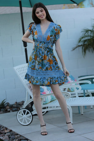 Women's Ruffle Sleeve Lace Accented Floral Mini Dress in Blue