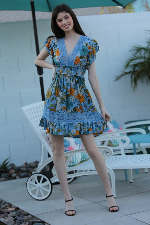 Women's Ruffle Sleeve Lace Accented Floral Mini Dress in Blue