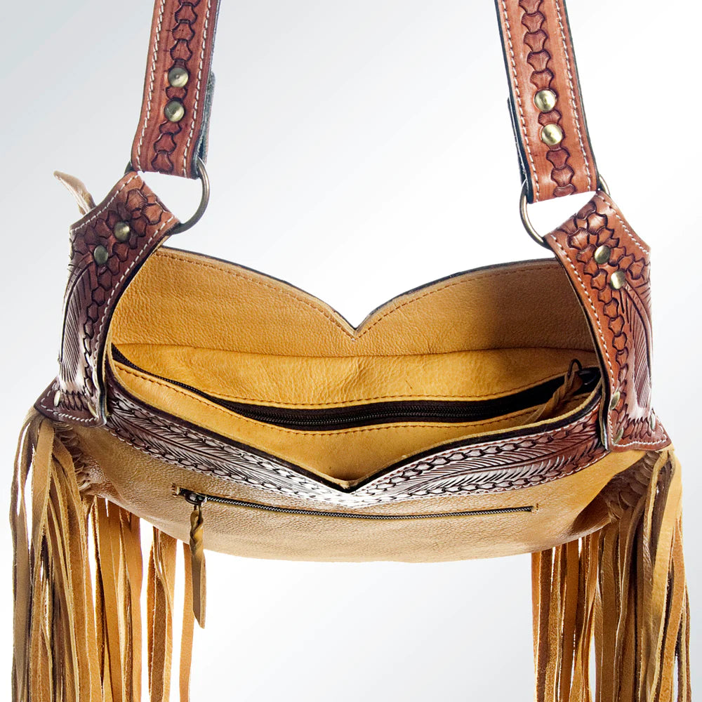 American Darling Yellow Hand Tooled Leather Fringe Crossbody Bag