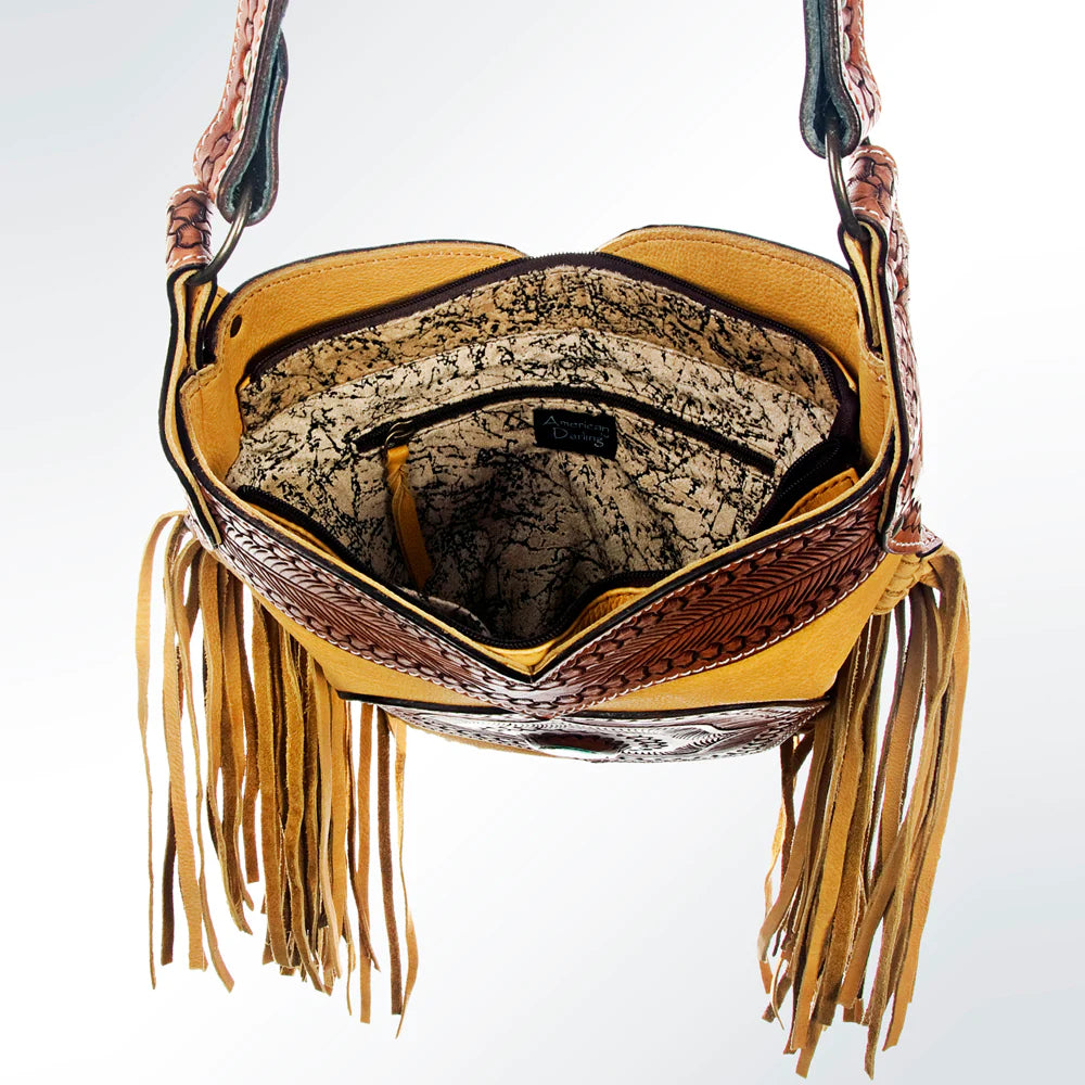 American Darling Yellow Hand Tooled Leather Fringe Crossbody Bag