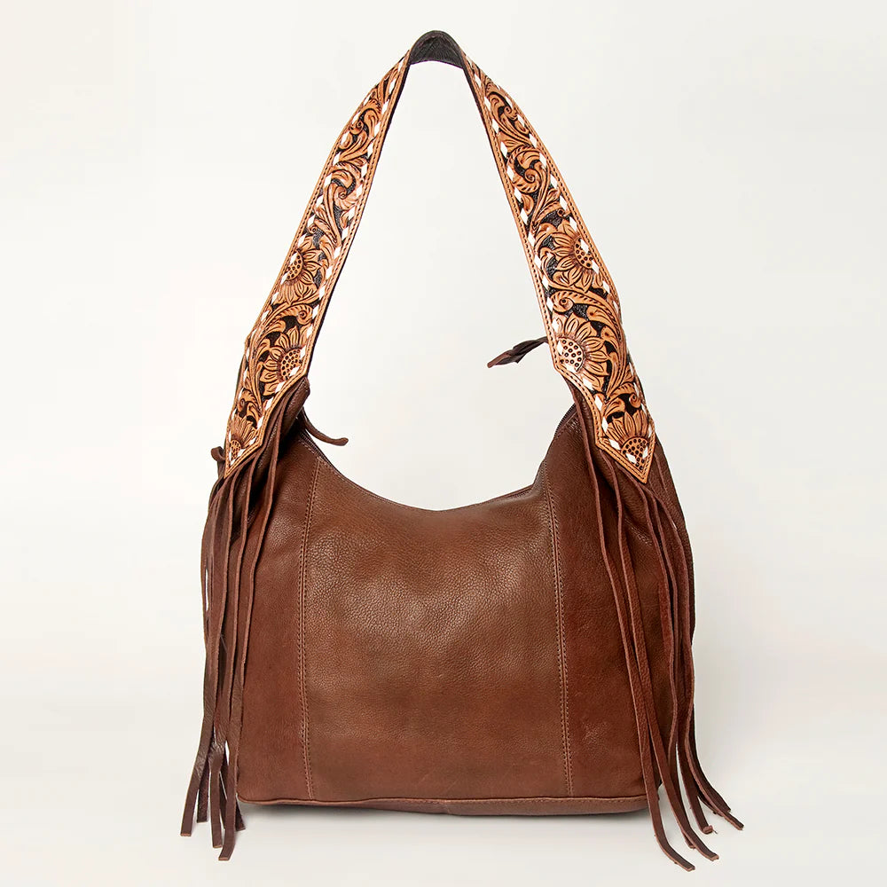 American Darling Western Fringed Floral Tooled Soft Brown Leather Hobo Bag