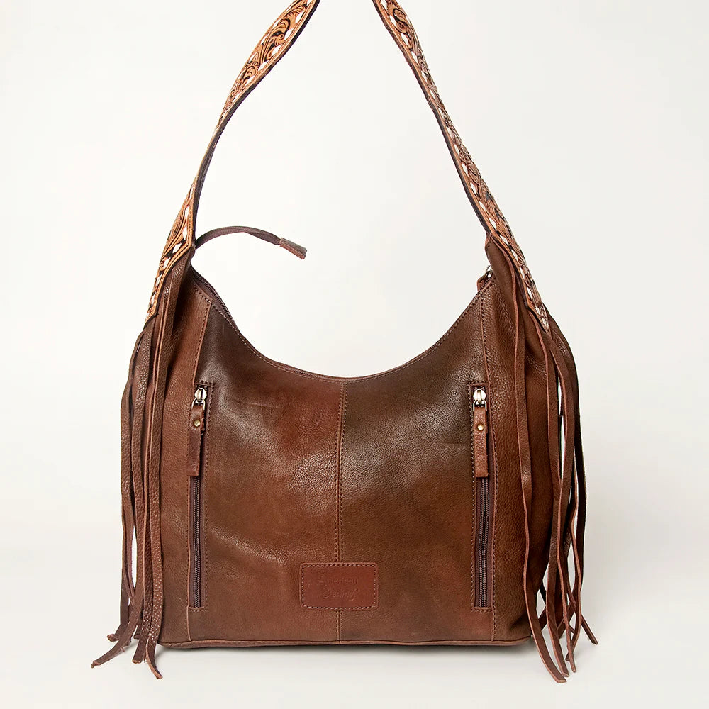 American Darling Western Fringed Floral Tooled Soft Brown Leather Hobo Bag