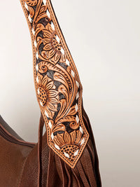 American Darling Western Fringed Floral Tooled Soft Brown Leather Hobo Bag