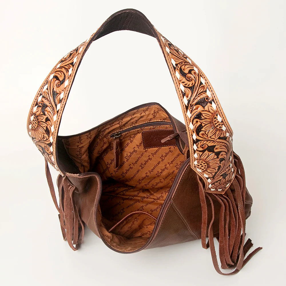 American Darling Western Fringed Floral Tooled Soft Brown Leather Hobo Bag