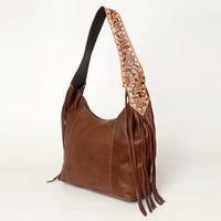 American Darling Western Fringed Floral Tooled Soft Brown Leather Hobo Bag