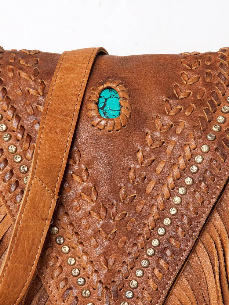 American Darling Turquoise Stone Whip Stitch Leather Fringe Crossbody Bag