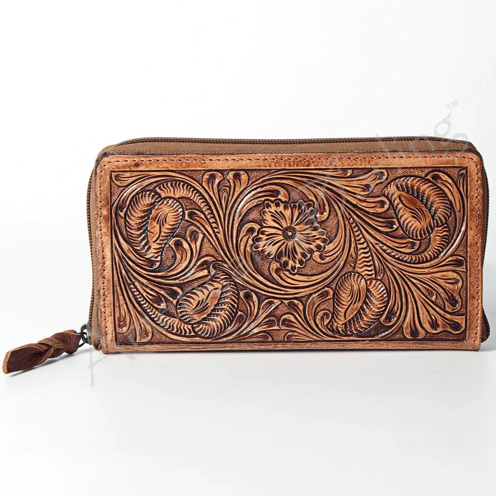 American Darling Leather Floral and Diamond Tooled Zip Organizer