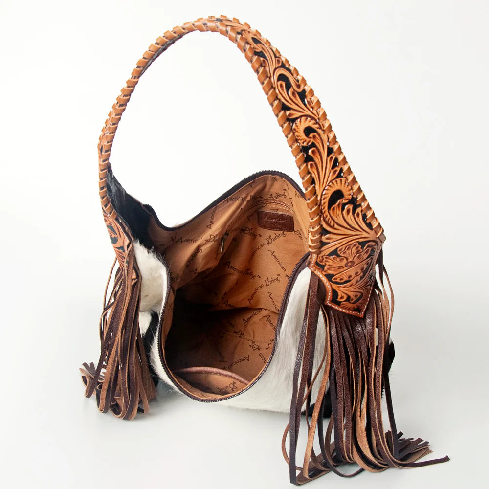 American Darling Western Fringed Floral Tooled Hair-on-Hide Leather Hobo Bag