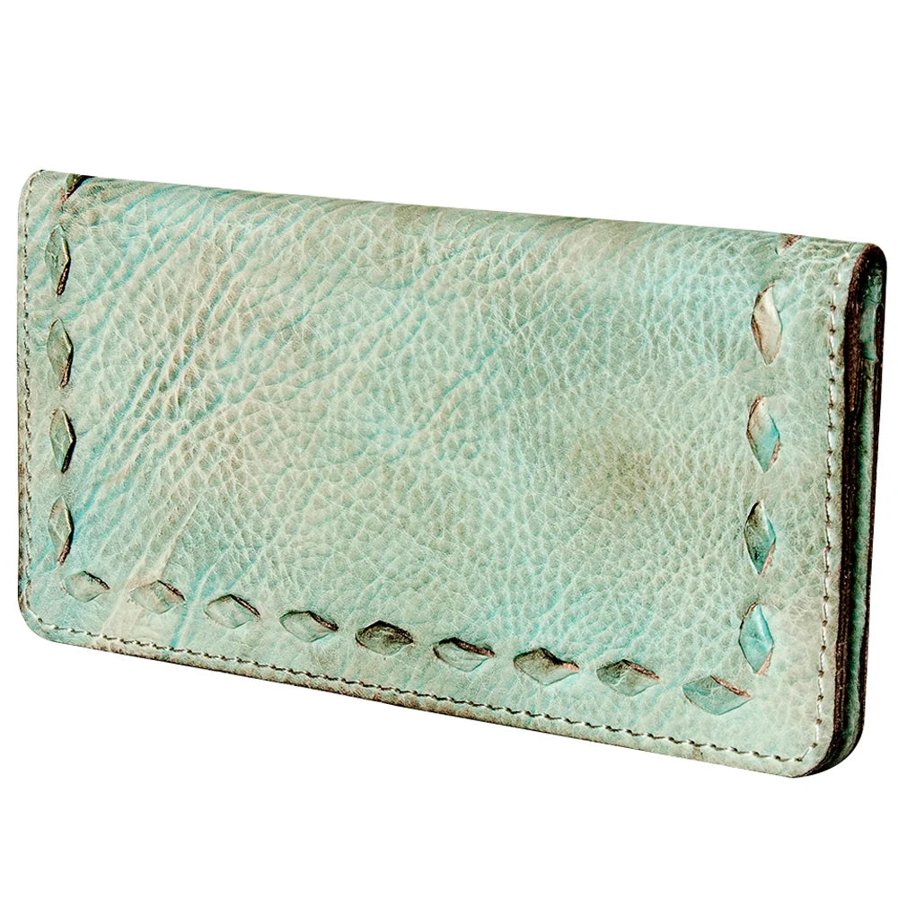 Never Mind! Western Buckstitched Antique Aqua Genuine Leather Bifold Wallet