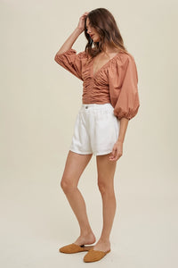 Women's Cropped Ruched Deep V-Neck Blouse in Clay