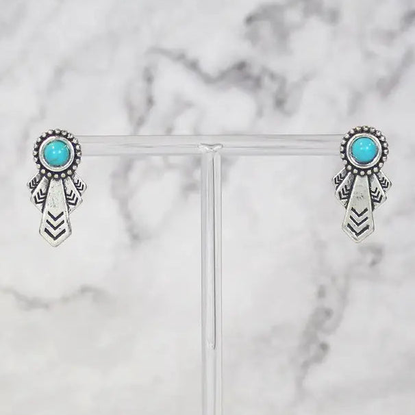 Burnished Silver Turquoise Aztec Post Earrings