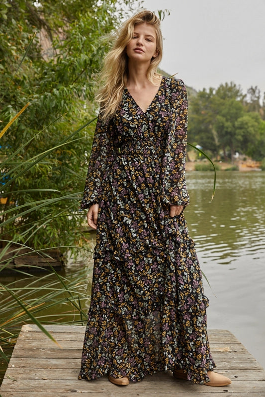 Women's Chiffon Floral Long Sleeve Maxi Dress in Black