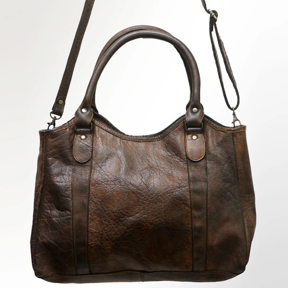 Never Mind! Western Textured Brown Genuine Leather Tote Bag