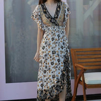Women's Floral V-Neck Ruffle Sleeve Maxi Dress in White & Grey