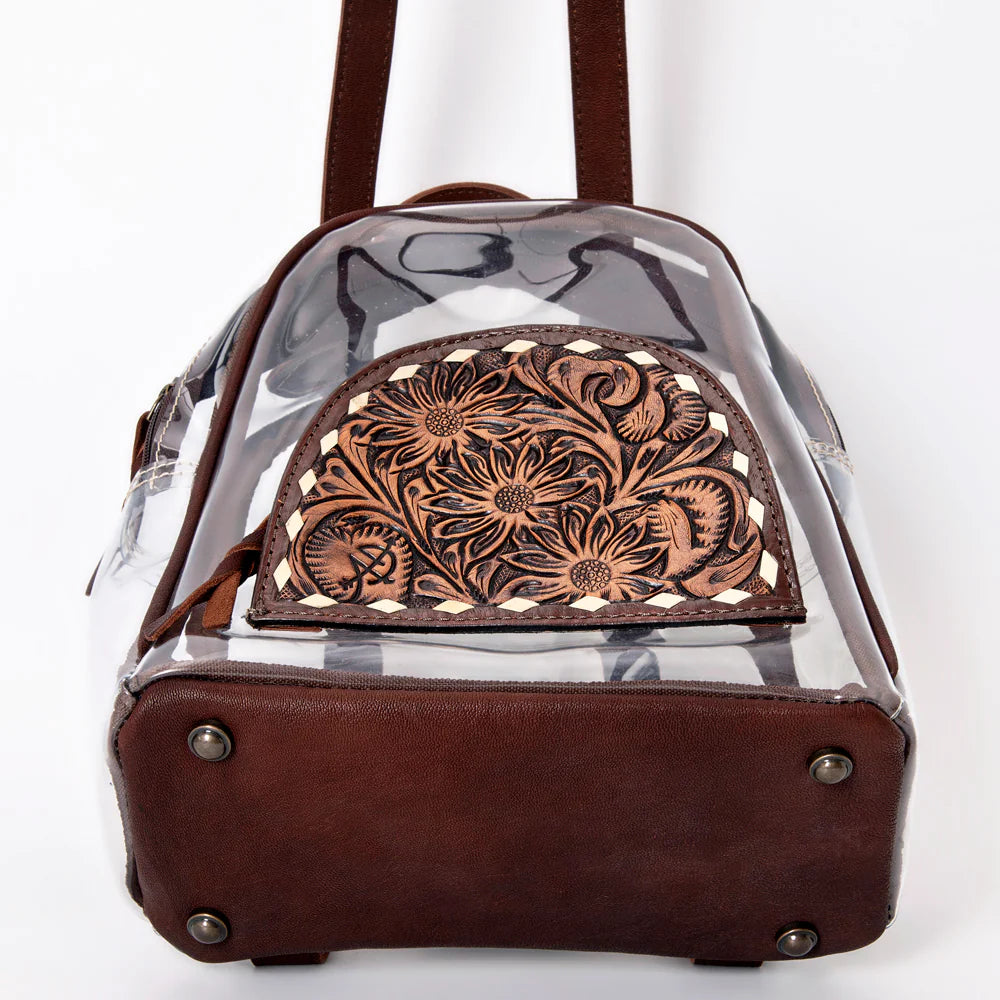 clear backpack with leather trim American Darling Women's Floral Hand Tooled Leather Clear Backpack –  Branded Country Wear