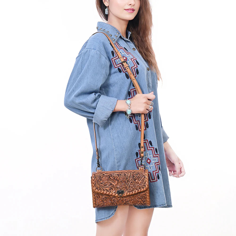 American Darling Hand Tooled Floral Leather Wallet Bag Western Purse