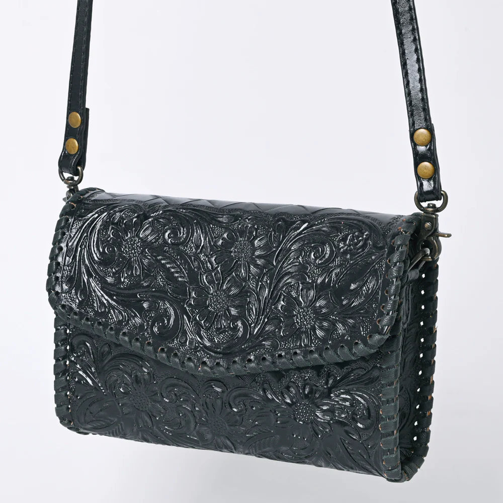 American Darling Hand Tooled Floral Leather Wallet Bag Western Purse in Black