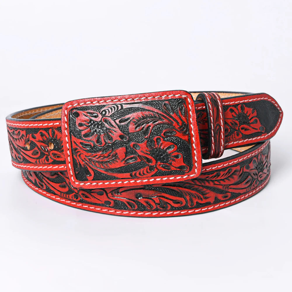 American Darling Western Floral Hand-Tooled Leather Belt in Red Clay