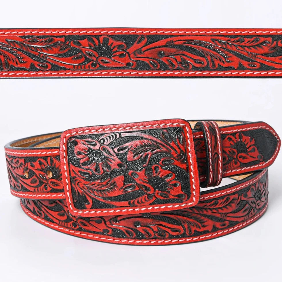 American Darling Western Floral Hand-Tooled Leather Belt in Red Clay