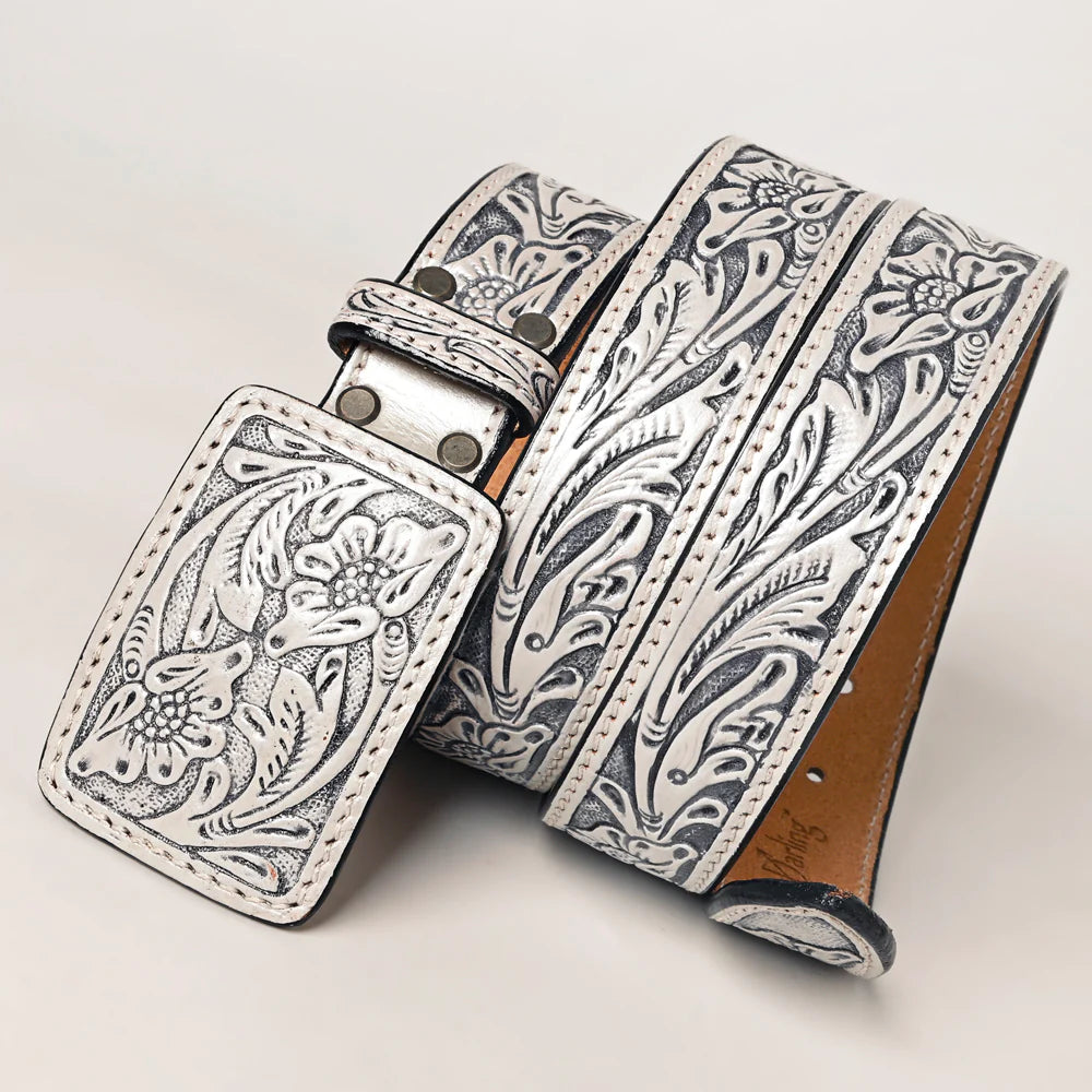 American Darling Western Floral Hand-Tooled Leather Belt in Pearl White