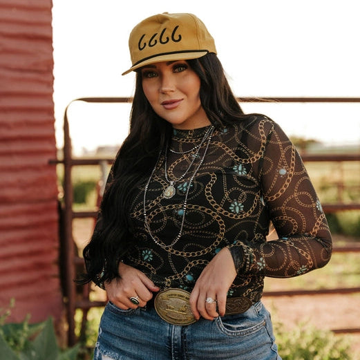 Women's L/S Gold Chain and Turquoise Mesh Top in Black